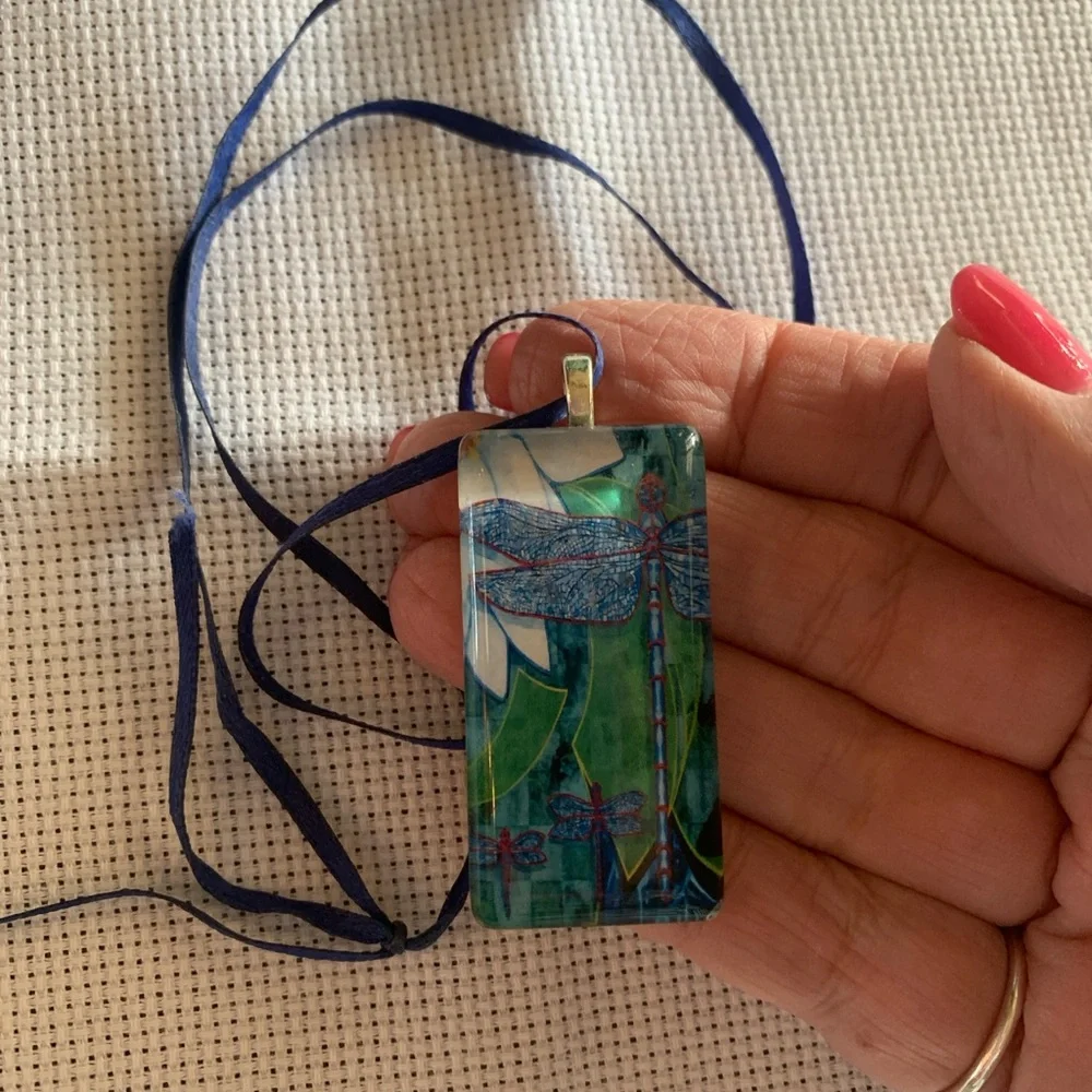 Handmade Vintage Blue and Green Dragonfly Pendant Necklace